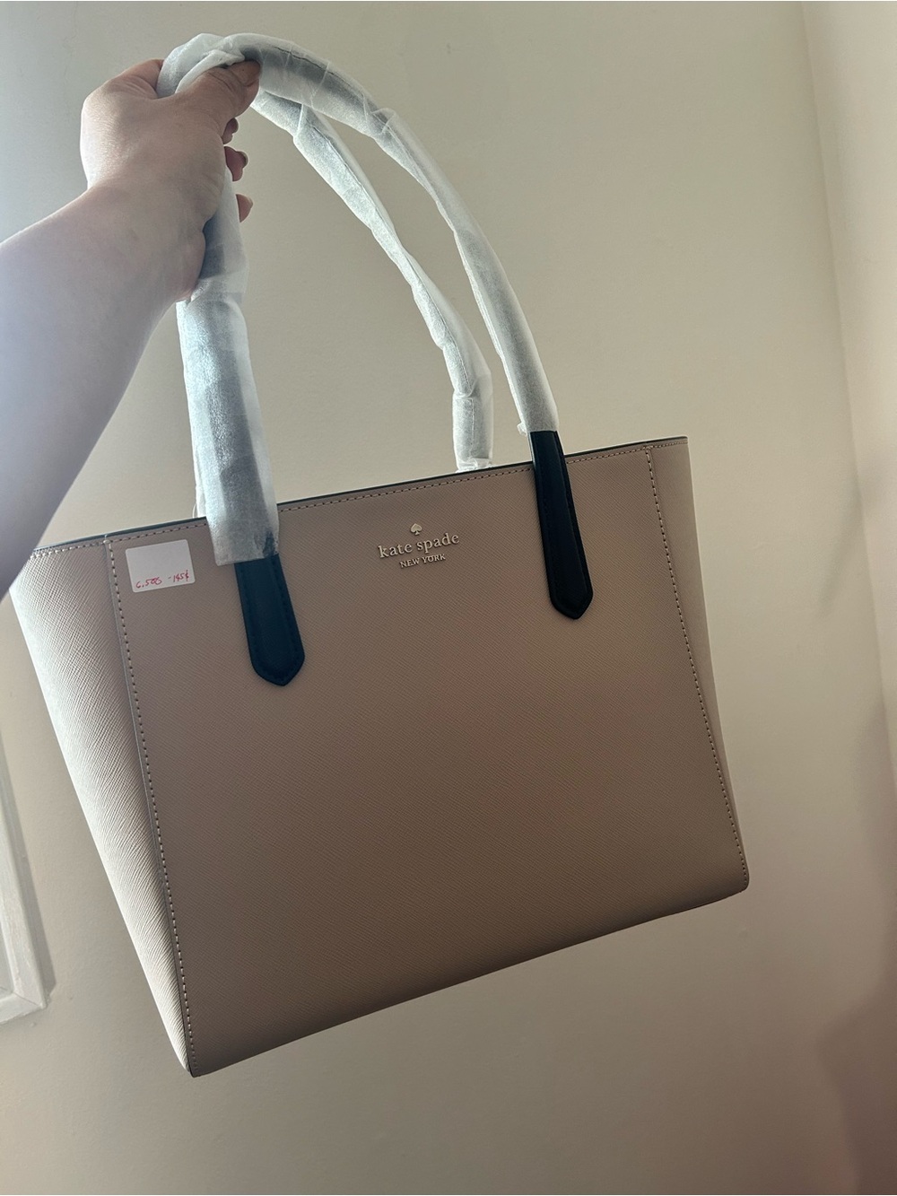 kate spade Saffiano Leather Tote in Light Taupe with Black Handles